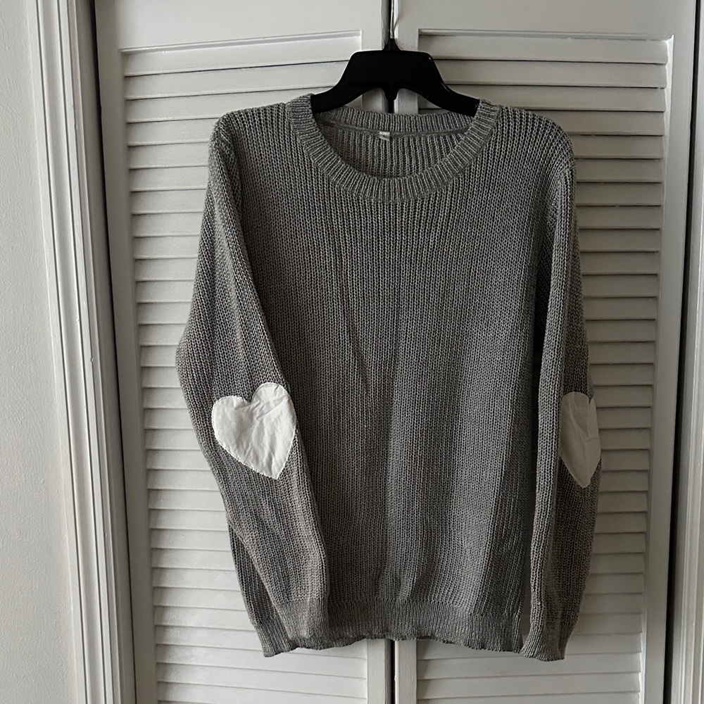 Gray Sweater with Heart Elbow Patches